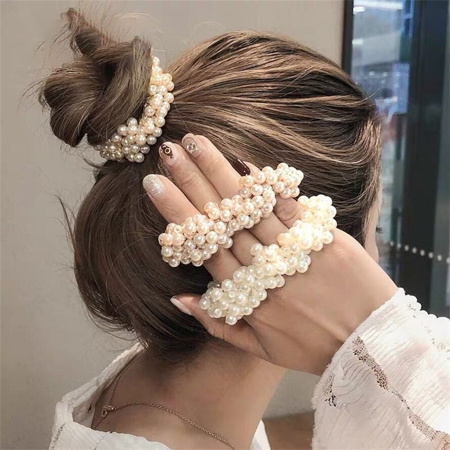 Lazos elegantes para el pelo para niña y mujer, gomas para el pelo con perlas, lazos de goma, coleteros, accesorios para el cabello, bandas elásticas para el cabello