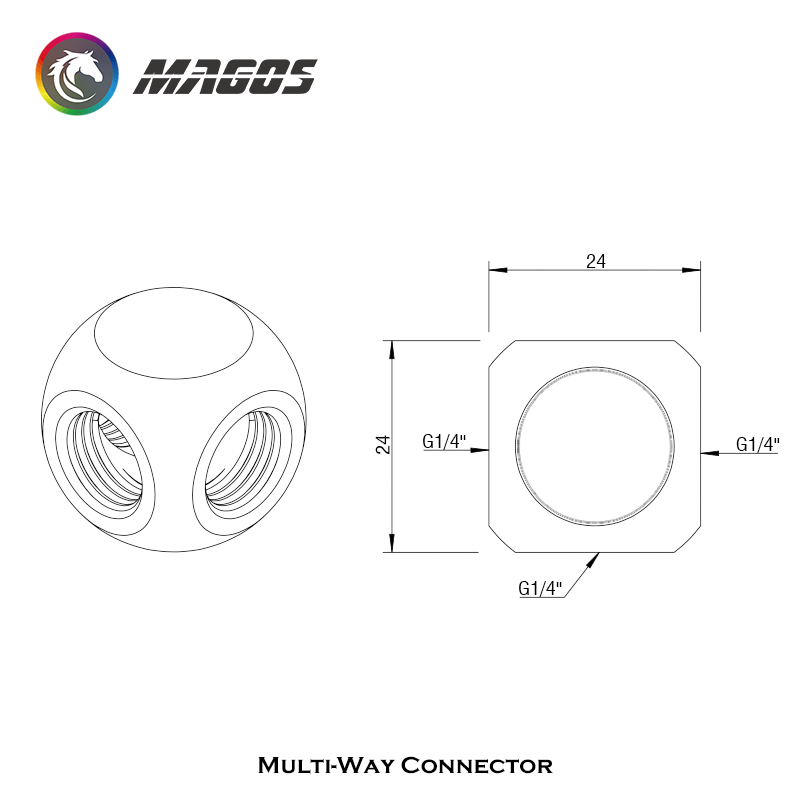 T-Splitter-T-Stück in Kugelform, 3 Wege, G1/4 x 3, Metallstecker zum Kompressionsverschraubung für PC-Wasserkühlung