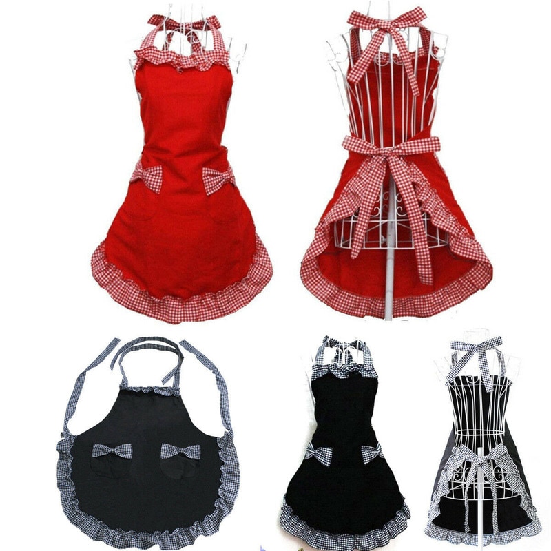 Cute Bar Cleaning Dress Bib Cooking Baking Restaurant Aprons Women Lady Adjustable kitchen apron Flirty Vintage Bowknot Pockets