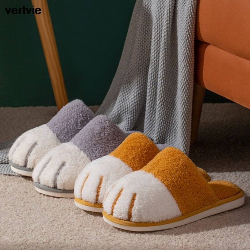 Vertvie Winter Slippers Vrouwen Mannen Paar Schoenen Leuke Kat Poot Thuis Indoor Harige Slippers Unisex Warm Pluche Slippers Zachte Schoenen