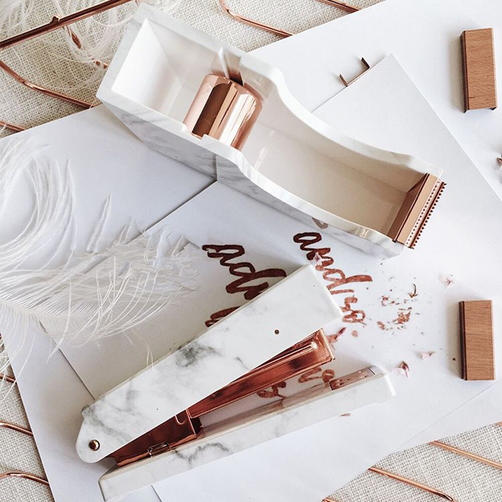 Marble Print Tape Dispenser Desk Adhesive Tapes Holder with Rose Gold 1" Metal Core for Office School Home Stationery Supplies