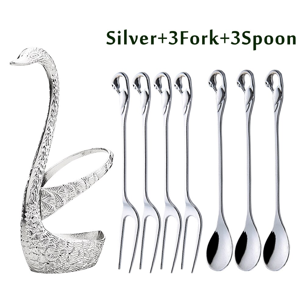 7 Pcs Swan Base Holder Dinnerware Set Stainless Steel Gold Spoon Fork Cutlery Coffee Cake Fruit Salad Dessert Flatware Teaspoon: F