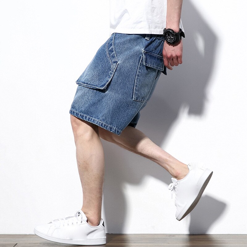 Summer Men&#39;s Denim Shorts Big Size Multi Pocket Casual Loose Japanese Jean Short Male Brand Cargo Shorts For Men Blue