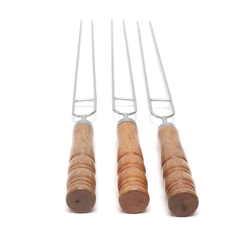 Barbecue Skewers Wooden Handle Bbq Needle Stick for Outdoor Camping Picnic Tools Cooking Tools Reusable Stainless Steel Metal