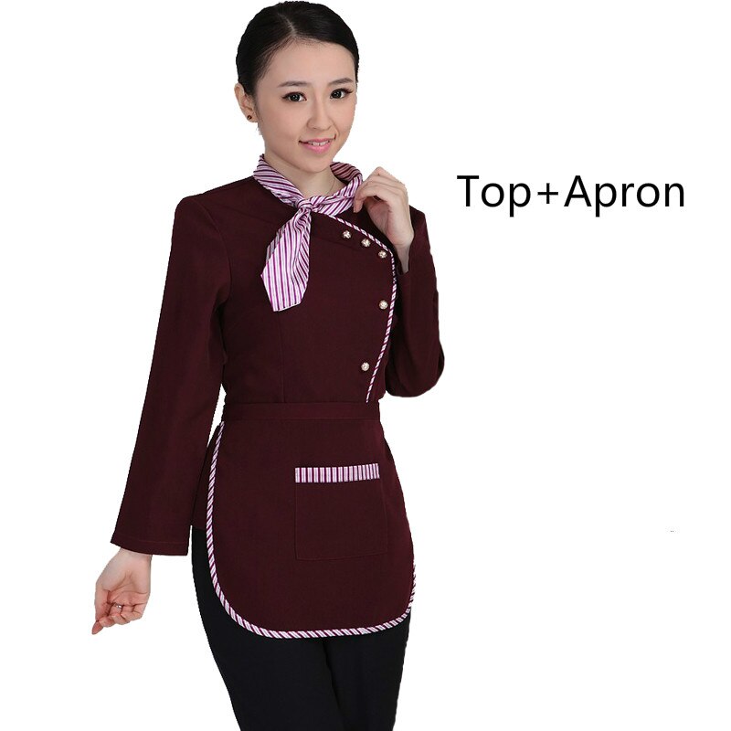 Long Sleeve Restaurant Waiter Uniform for Women Hotel Waitress Working Uniform Autumn Fast Food Waiter Tops +Apron Work Wear 89: women purple / XXL