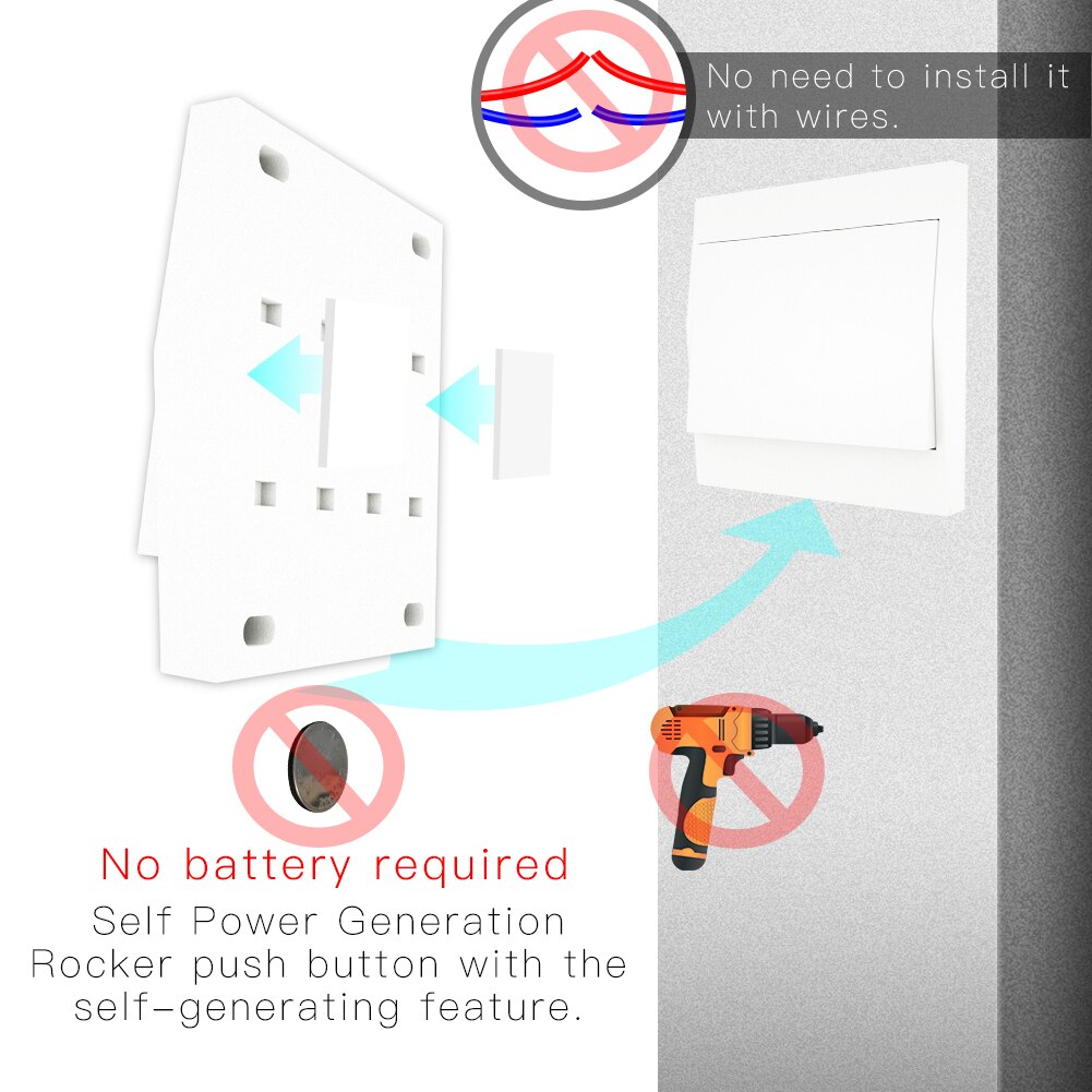 RF433 Wireless Self Powered Remote Control Smart Switch No Battery Needed No Wire.Wall Panel Transmitter Rocker Push Button