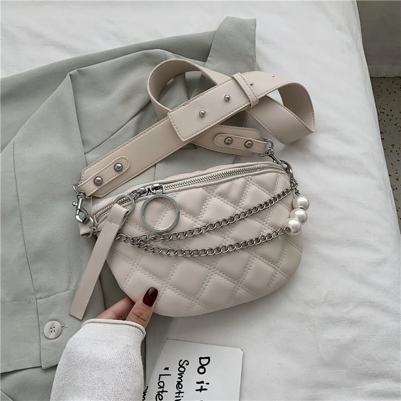 Small Solid Color Crossbody Bags For Women Pearl Summer Shoulder Bags Female Phone Purses Chain Handbags: White