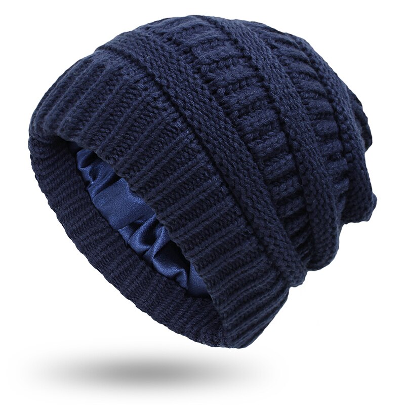 Winter Stricken Woolen Beanie Hüte für Frauen Silk Satin Gefüttert Chunky Kappe Weiche Stretch Kabel Stricken Warme Alle-spiel slouchy Sport Hut: A-navy blue