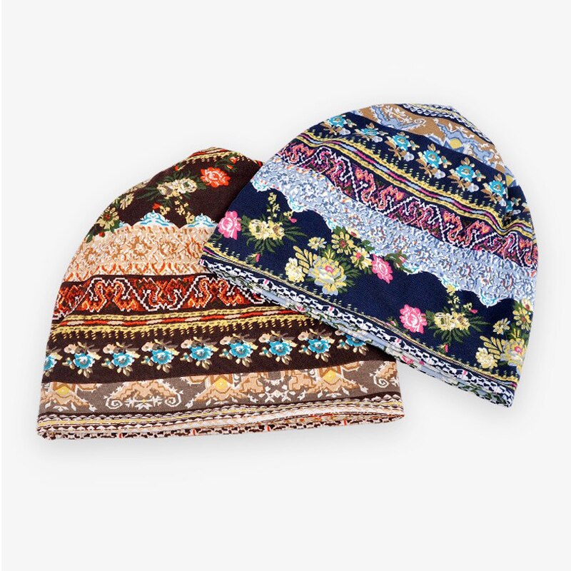 Blød åndbar sommerblomstret print kemokræft beanie nightcap muslimsk islamisk hat sovhue