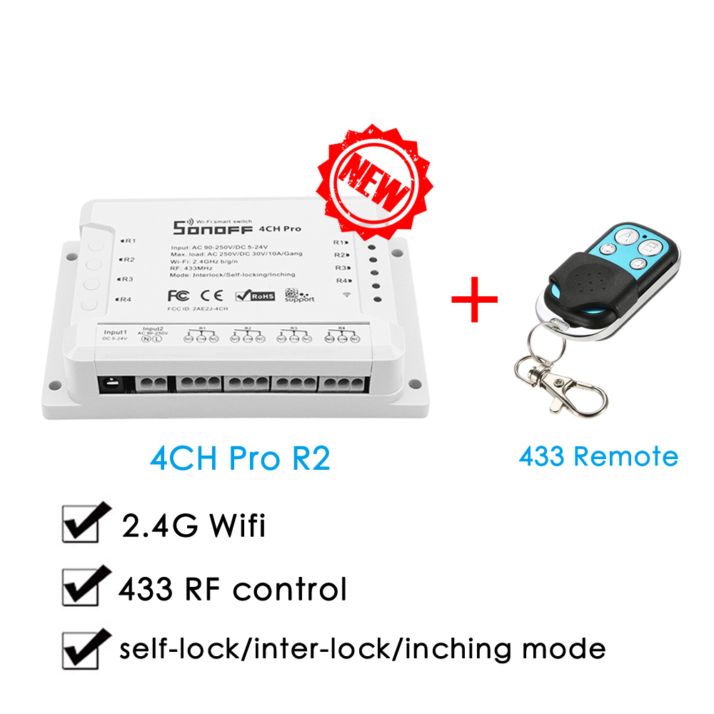 Sonoff 4ch pro  r2 / 4ch r2 smart wifi switch 4 gäng ljus switch , 433 mhz rf wifi relä ewelink arbeta med alexa google home: 4 chpro  r2 med 433rc
