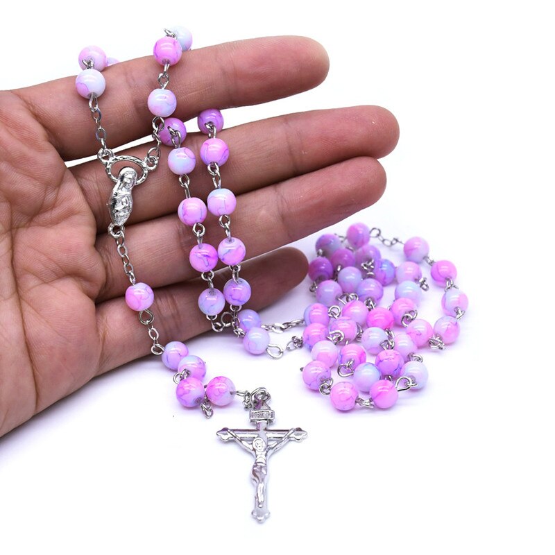 Rosário roxo com gradiente religioso, pingente redondo com contas da moda, cruz da virgem maria, 1 peça