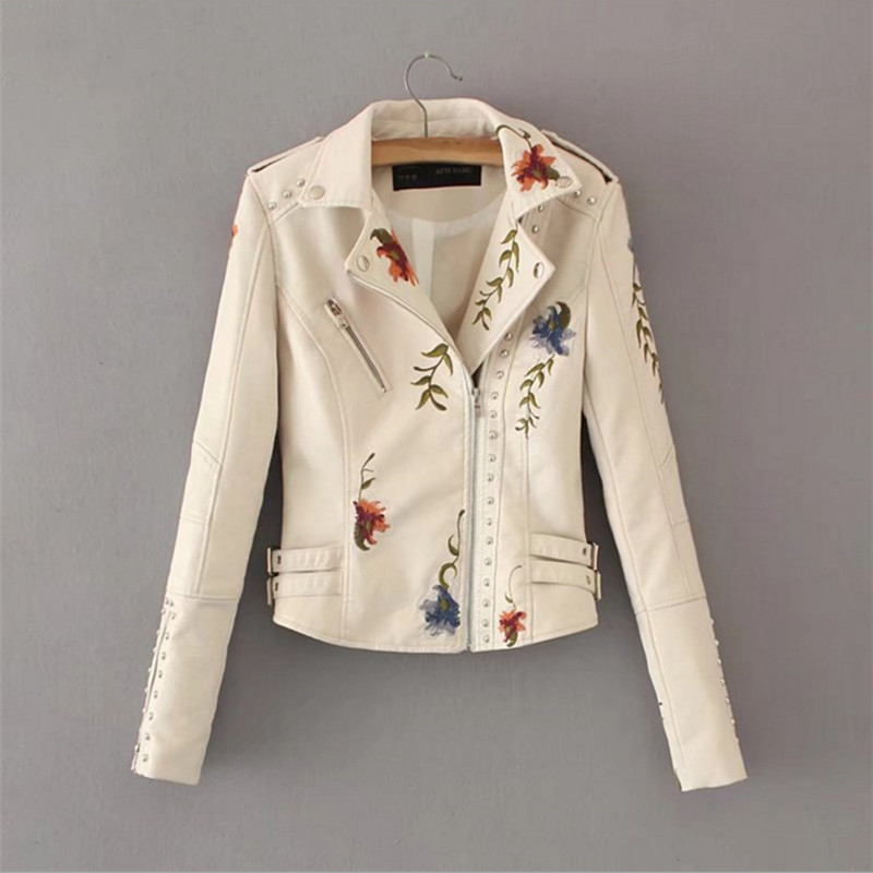 Euro Floral Embroidery Women Faux Leather Jacket Coat Lady Bomber Motorcycle Rivet Spliced Slim Short Jacket Outerwear