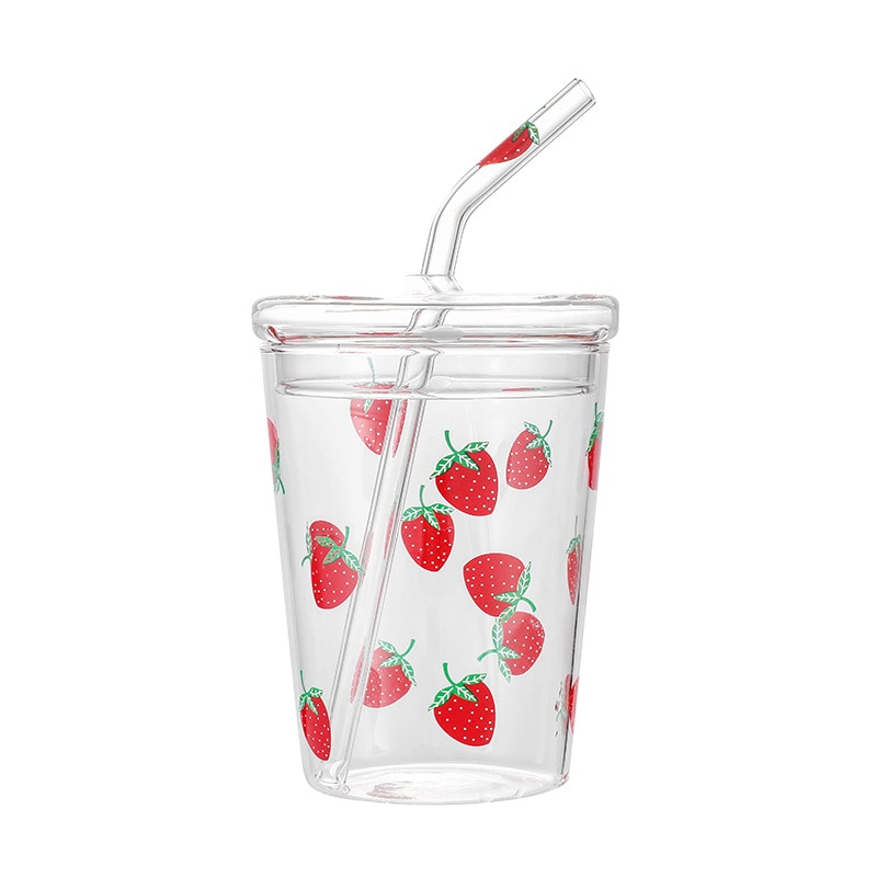 Ins Aardbei Glas Water Cup Kleine Diasy Water Cup Met Matched Cover En Stro 350 Ml Water Melk Jucie glas