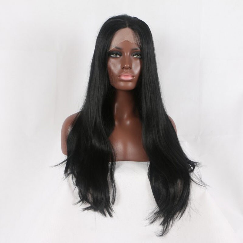Bombshell preto em linha reta cabelo sintético peruca dianteira do laço natural linha fina resistente ao calor fibra cabelo médio de separação para perucas femininas