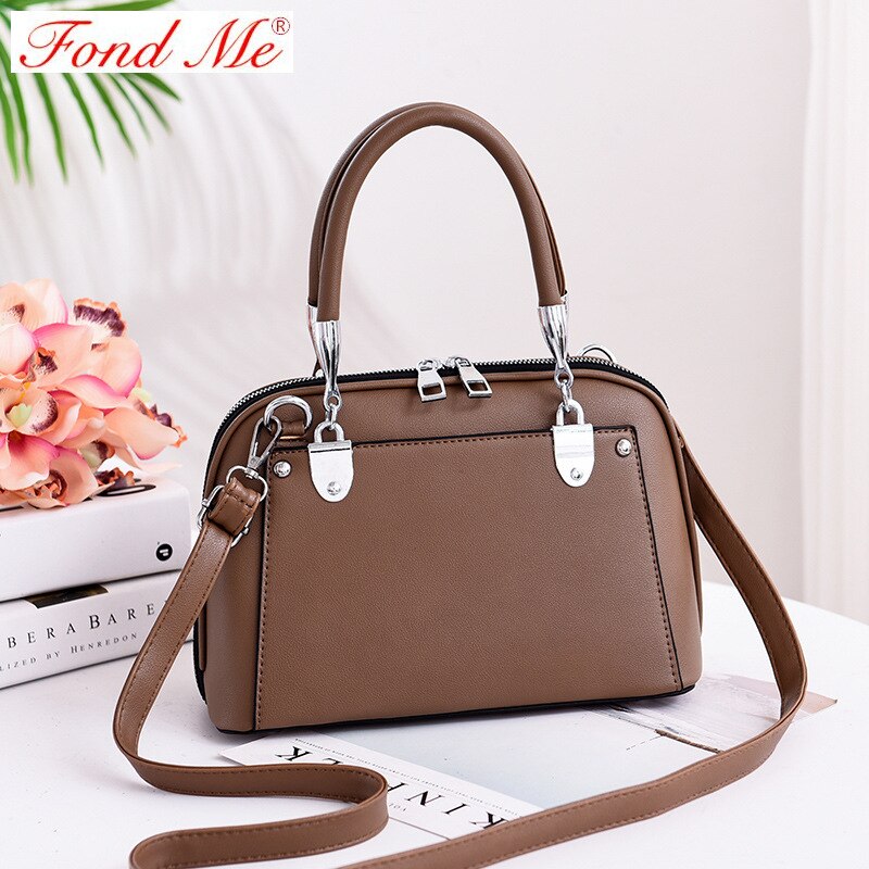 Ensfarget bærbar skulderveske med skulderkors: Brun