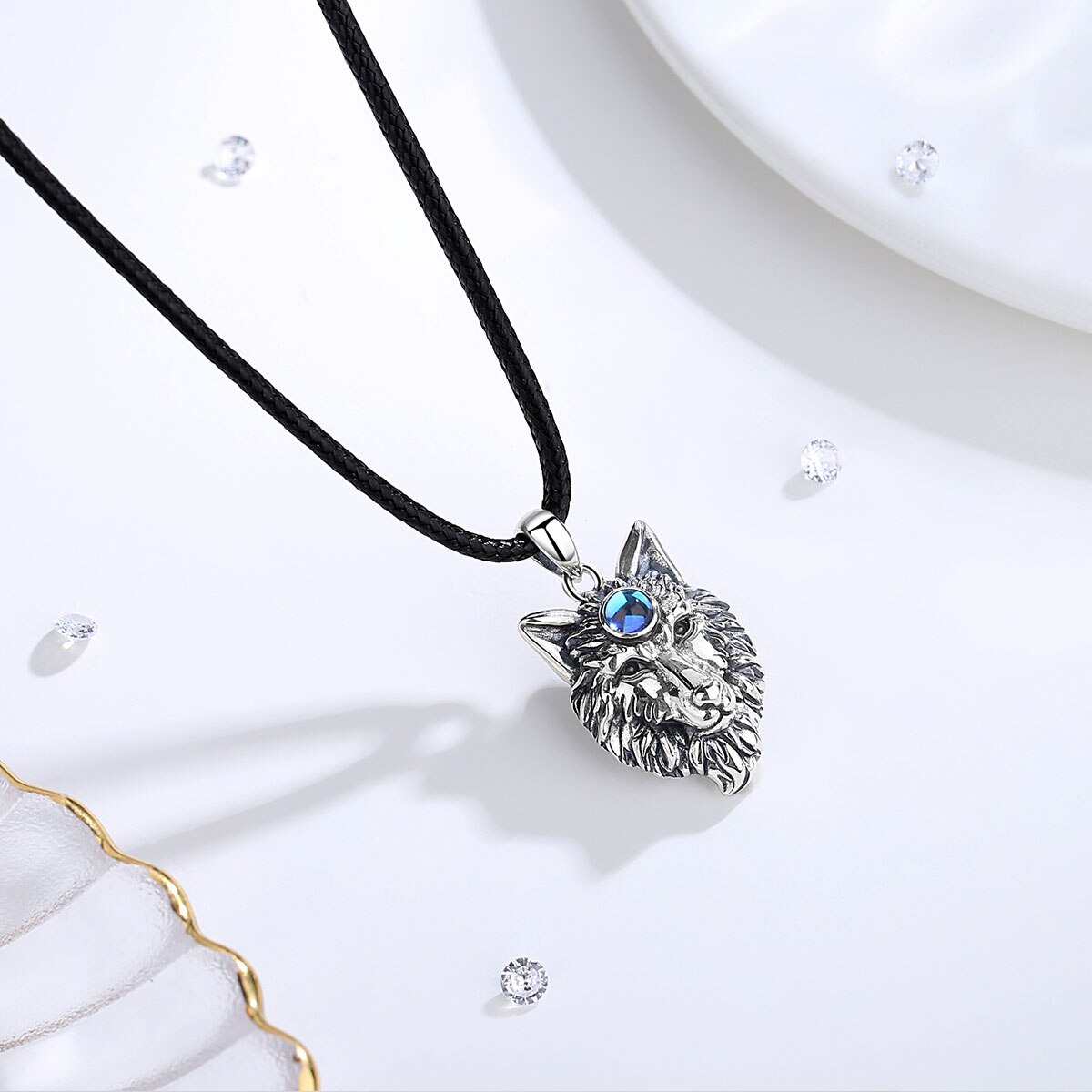 Eudora 925 Sterling Sillver Wolf Hoofd Amulet Hanger Ketting Mode Maansteen Wolf Koning Hanger Warriors Sieraden Voor Mannen Vrouwen