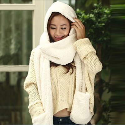 3 in 1 Women Winter Hood Scarf Hat Glove Set Warm Soft Snood Pocket Hooded Srarves Women Scarf Hat Glove For Girl: white