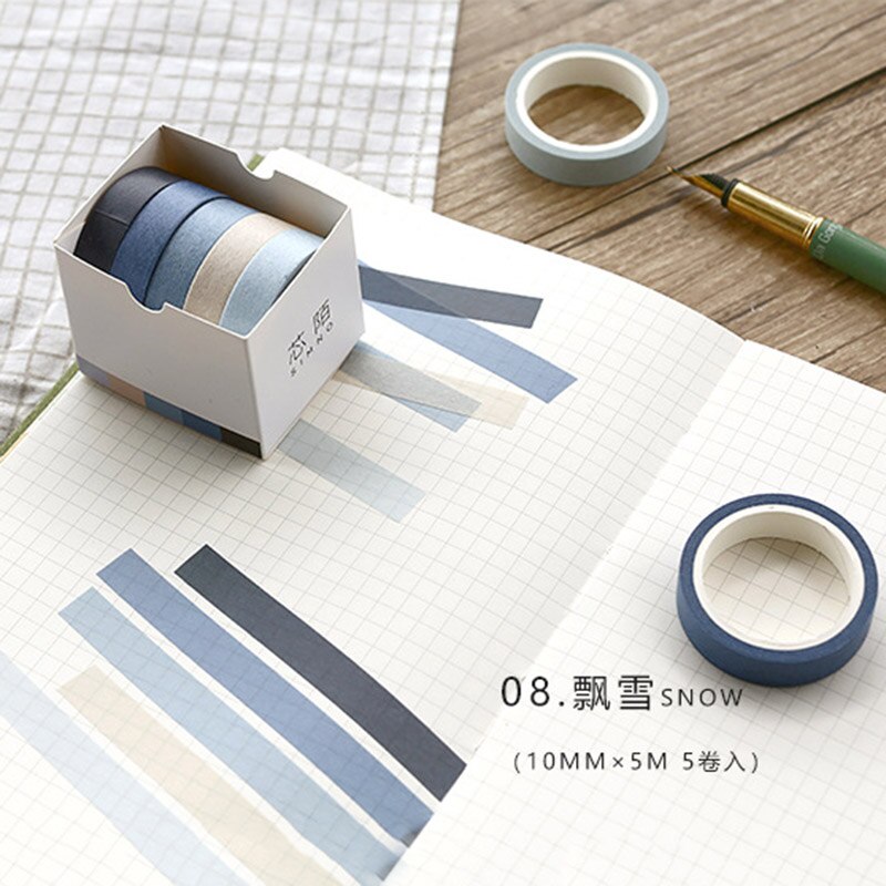 5pcs /set Adhesive Masking Scrapbooking Sticker Washi Tape Solid Rainbow colors: Snow