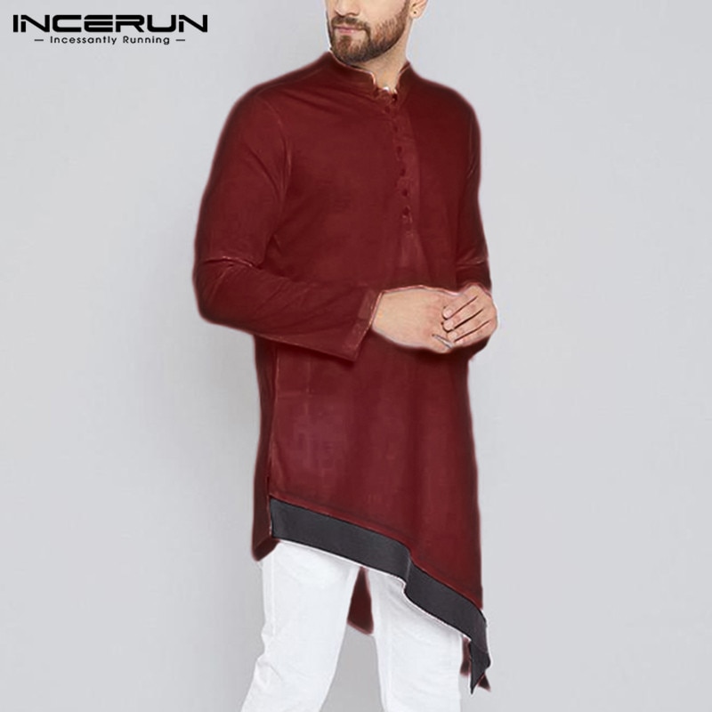 Incerun islamitische kleding heren onregelmatig overhemd staande kraag lange mouw indiase kleding patchwork vintage lange shirts heren s -5xl