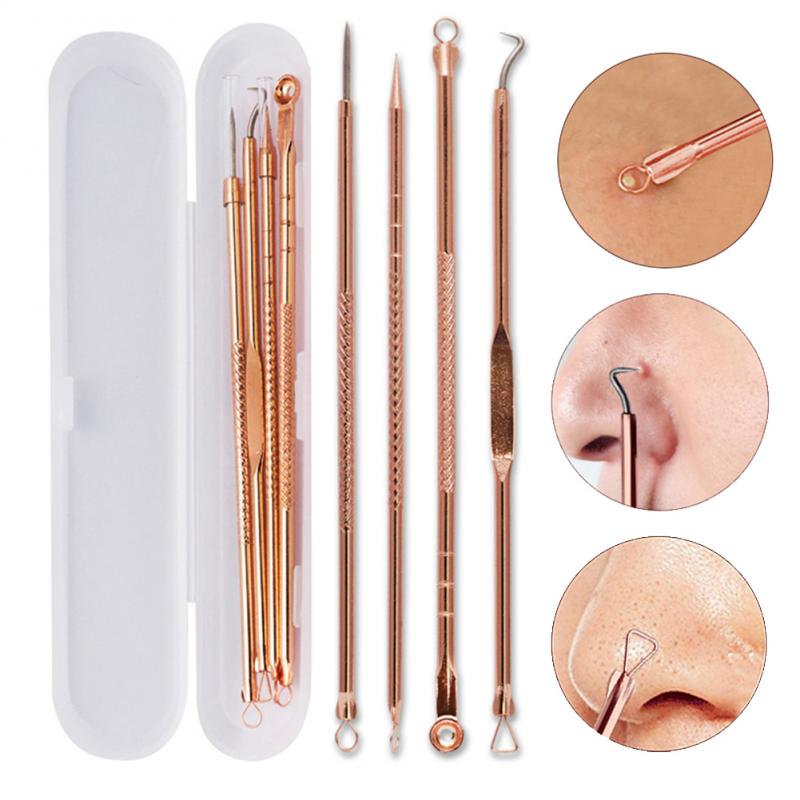 4pc Rose Gold Blackhead Pimple Needles Acne Extractor Remover Blemish Treatments Beauty Cleaning Pore Facial Skin Care Tool