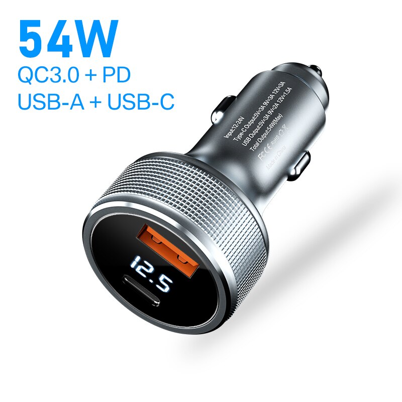 Chargeur de voiture 54W USB 3.0 Type C PD, Charge rapide pour iPhone 13 Samsung S22 tablette QC3.0, adaptateur de voiture: USB and Type C