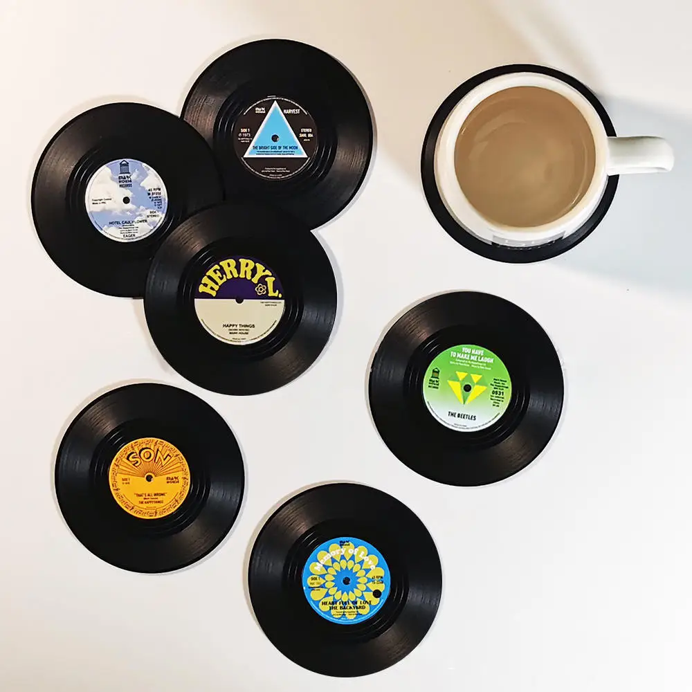 Posavasos de música de vinilo, juego de 6 con soporte para tocadiscos, posavasos de disco de registro Retro, alfombrilla creativa