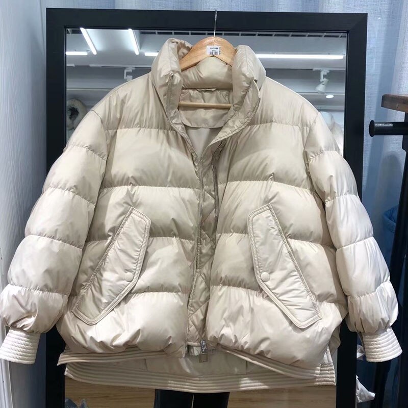 Schinteon koreansk stil dame dunjakke løs over størrelse varmt vinter yttertøy kort tykk kåpe 90%  hvite andedun: beige / M