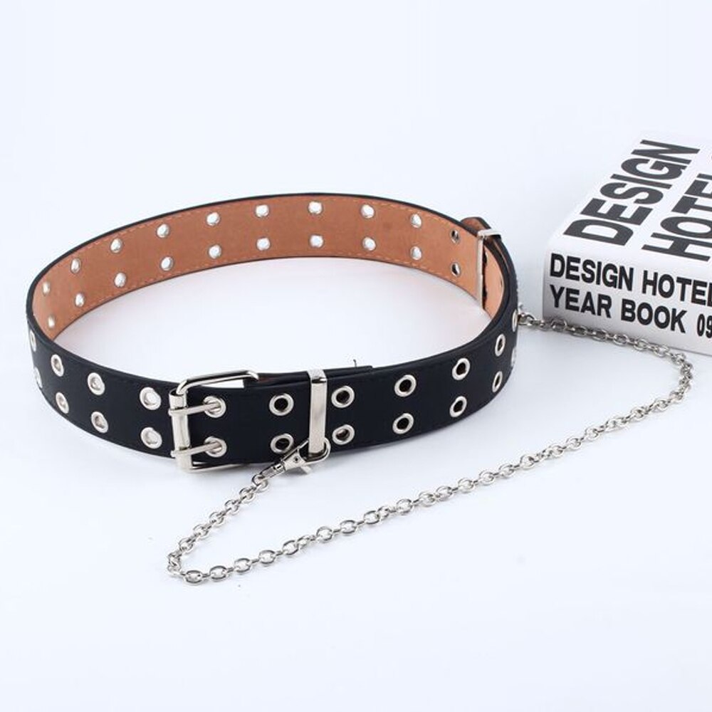 Harajuku Women Punk Chain Belt Adjustable Black Double/Single Eyelet Grommet Metal Buckle Leather Waistband For Jeans: DoubleBlack