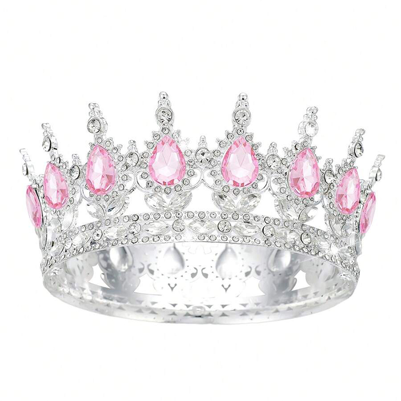 Luxury Color Baroque Queen Crown Colorful Sparkly Rhinestone Wedding Crown Bride Princess Full Round Tiaras Headband Headpieces: ROSE GOLD COLOR
