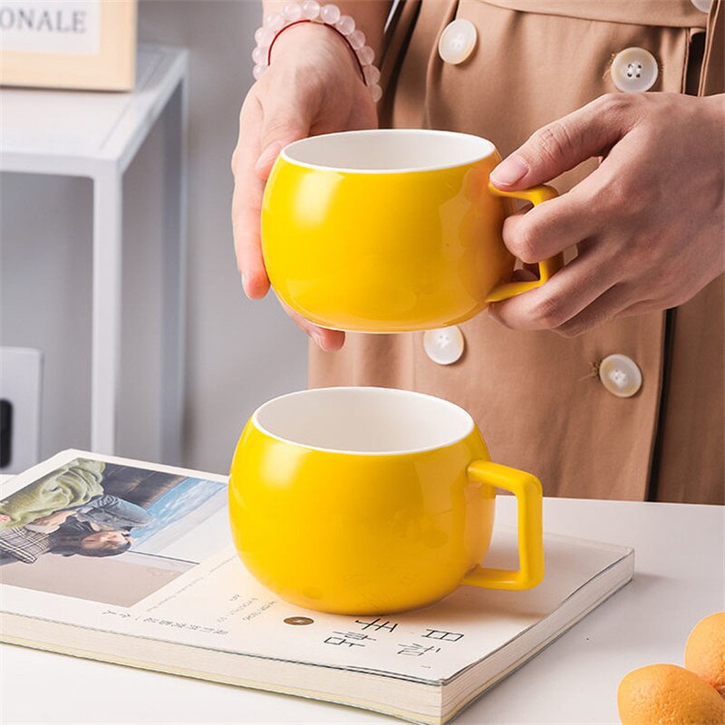 Taza redonda de amarilla, herramienta de beber de cerámica ecológica moderna para oficina, té, leche, café, taza de 350ml, venta directa, J494