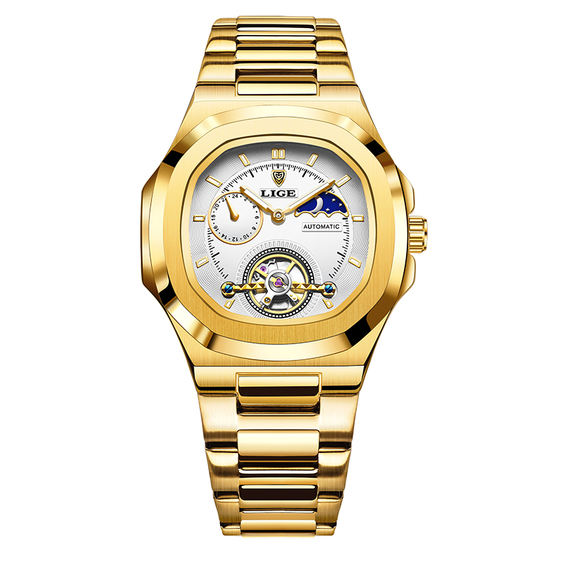 Reloj LIGE Tourbillon de doble segundo, reloj mecánico de 24 horas, reloj auténtico de acero inoxidable para hombre, reloj resistente al agua con brillo nocturno para hombre: Blanco