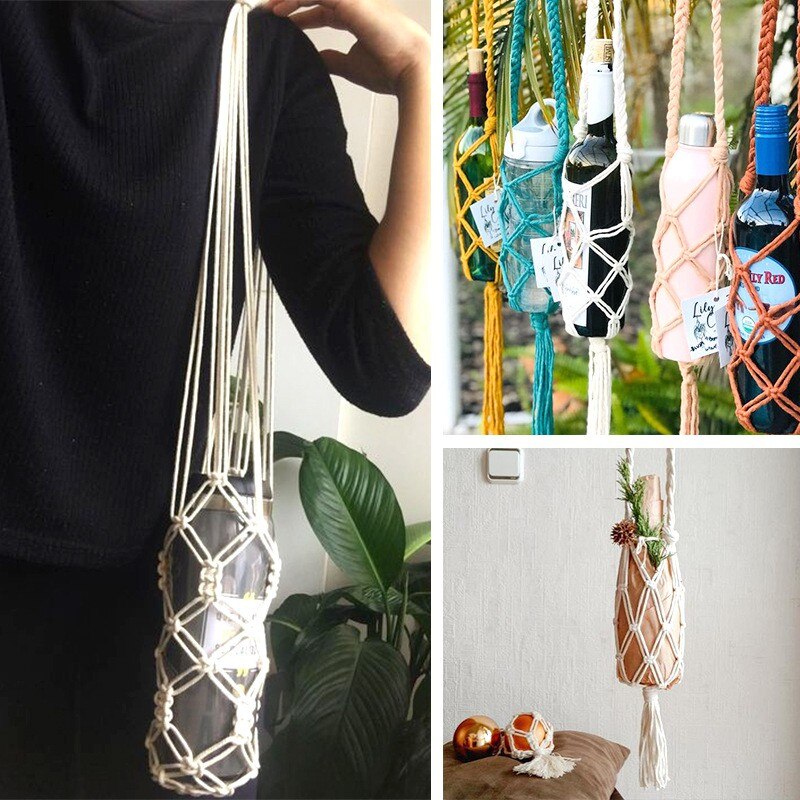 Portabottiglie per vino Macrame portaoggetti Boho per appendere bottiglie tasca a rete in corda intrecciata