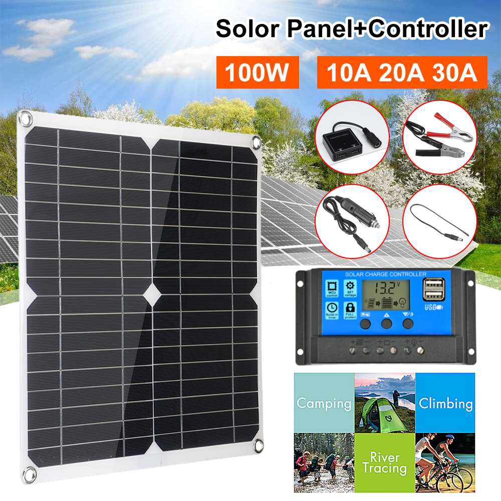 100W Portable Waterproof Solar Charger 12v/5v USB with 30A Controller Solar Cells for Phone Camping Car Yacht RV Battery Charger