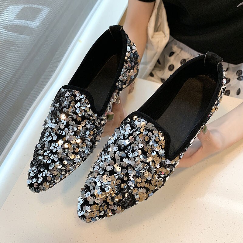 femmes Ballet chaussures loisirs printemps automne ballerine Bling Flash paillettes chaussures plates princesse brillant pointu chaussures de mariage: Argent / 35