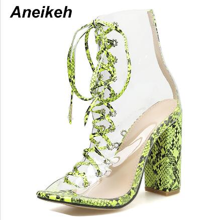 Aneikeh Novelty PVC Vrouwen Laarzen Serpentine Transparante Peep Toe Lace-Up Schoenen Dans Vierkante Hoge Hak Enkel maat 35-42: 11