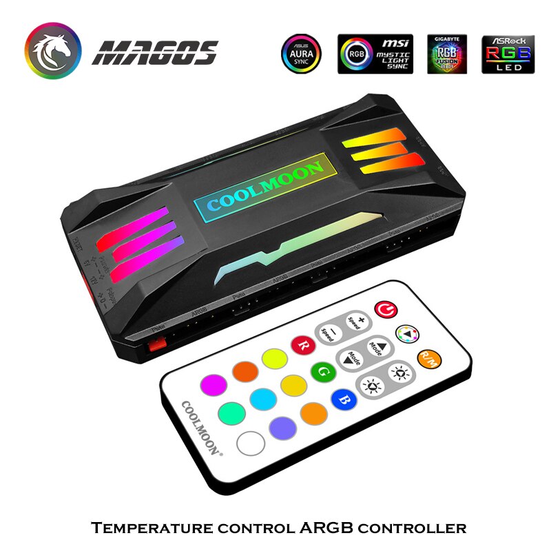 COOLMOON Fan RGB HUB Controller, PWM Smart TEMP. ADJ.+ 5V ARGB M/B SYNC, Wireless Remote Control For Chassis Fan