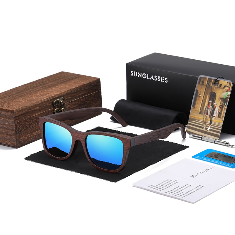 GM Sonnenbrille aus natürlichem Bambusholz, handgefertigt, polarisierte Brille, Spiegelbeschichtung, Gläser, Brillen mit Geschenkbox: Grau