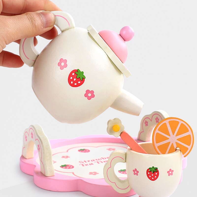 Simulation Wooden Kitchen Toy Tea Set Toy Pink Strawberry Afternoon Tea Tea Set Educational Toys