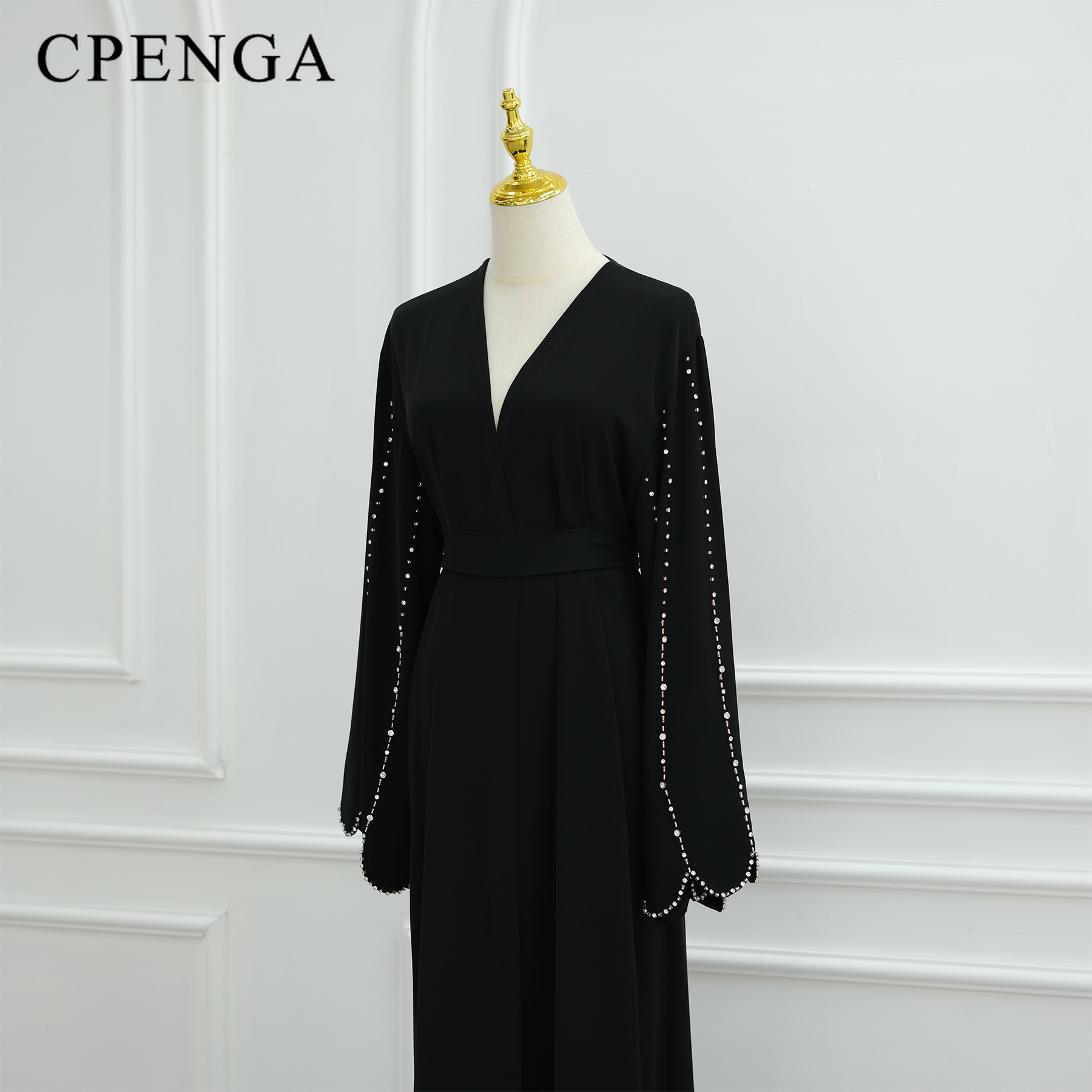 Naher Osten bescheidenes Kleid mit Perlenärmeln für muslimische Frauen Ramadan Dubai Schwarz Abaya Islam Party Jalabiya Outfit Türkei Robe