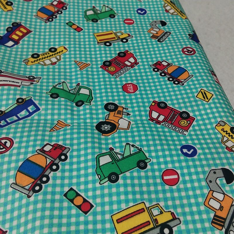 Tela de algodón con estampado de dibujos animados para coche, ornamento de paño para vestido de retazos, color verde, azul, liso, 100%