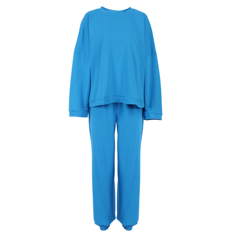 Haut effiloché à manches longues pour femme, pantalon de sport surdimensionné, pull-over, sweat-shirt, ensemble de 2 pièces, pantalon décontracté, survêtement, printemps, 2022: Bleu / L