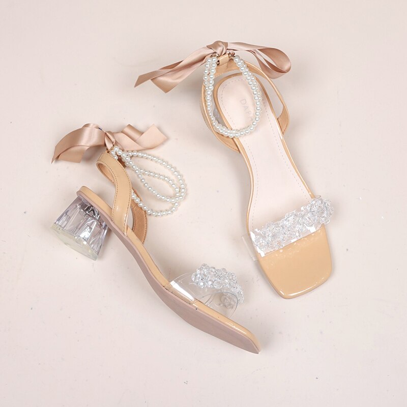 Sandales à talons hauts pour femmes, ruban de perles Transparent, moyen avec sandales, chaussures à bout ouvert, chaussures à plateforme à la: YELLOW / 34