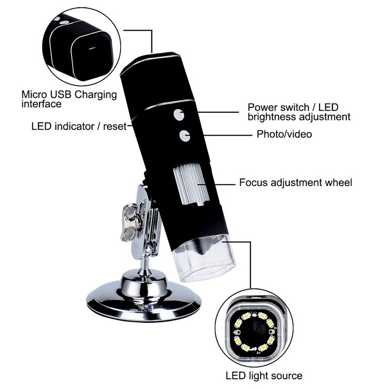 1000X WIFI Digital Microscope 1080P Wireless Smartphone Mobile Phone Microscope Adjustable 8 LED with Stand For phone For Window