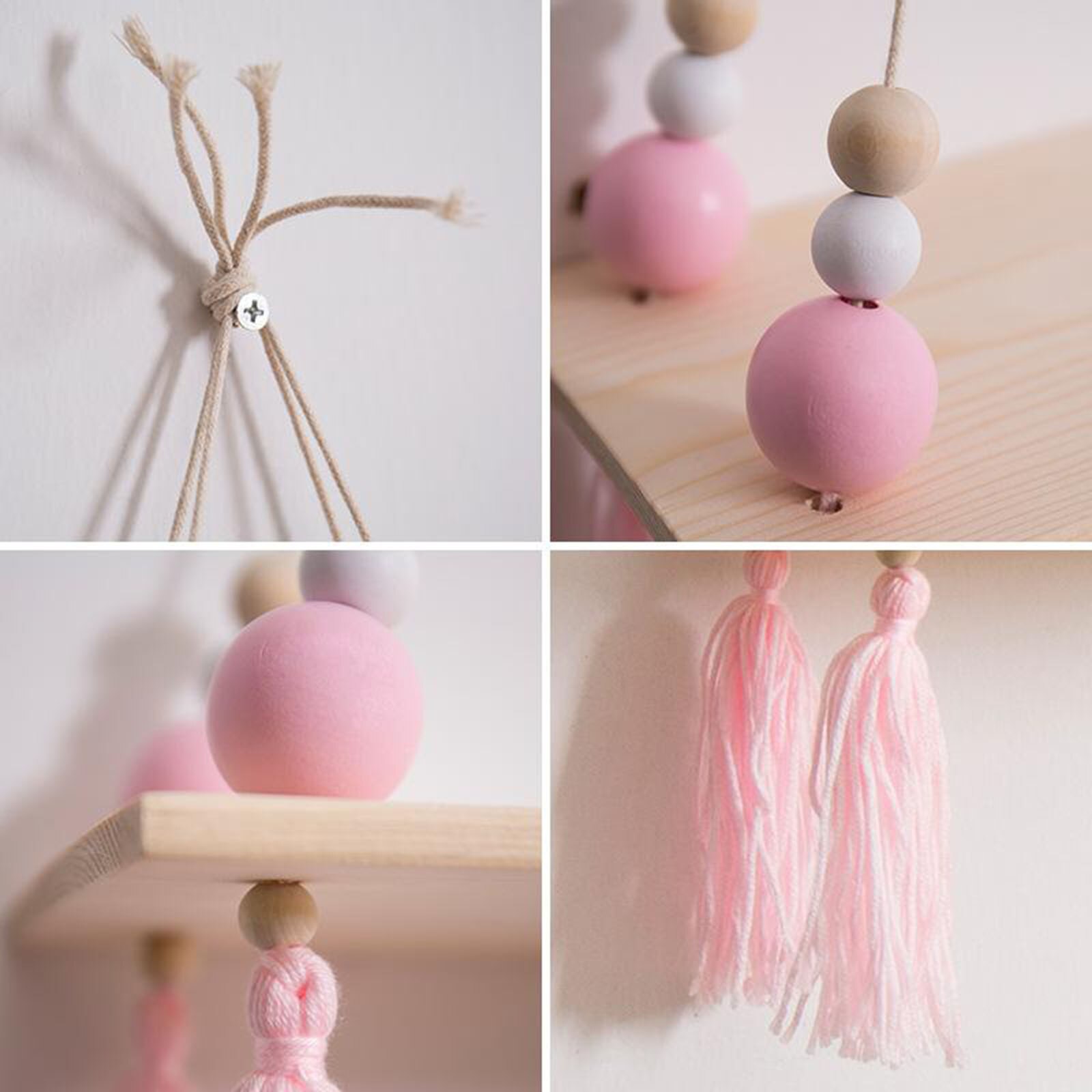 Wooden Wall Shelf Rope Hanging Floating Shelf Flower Pot Stand Purple Bead