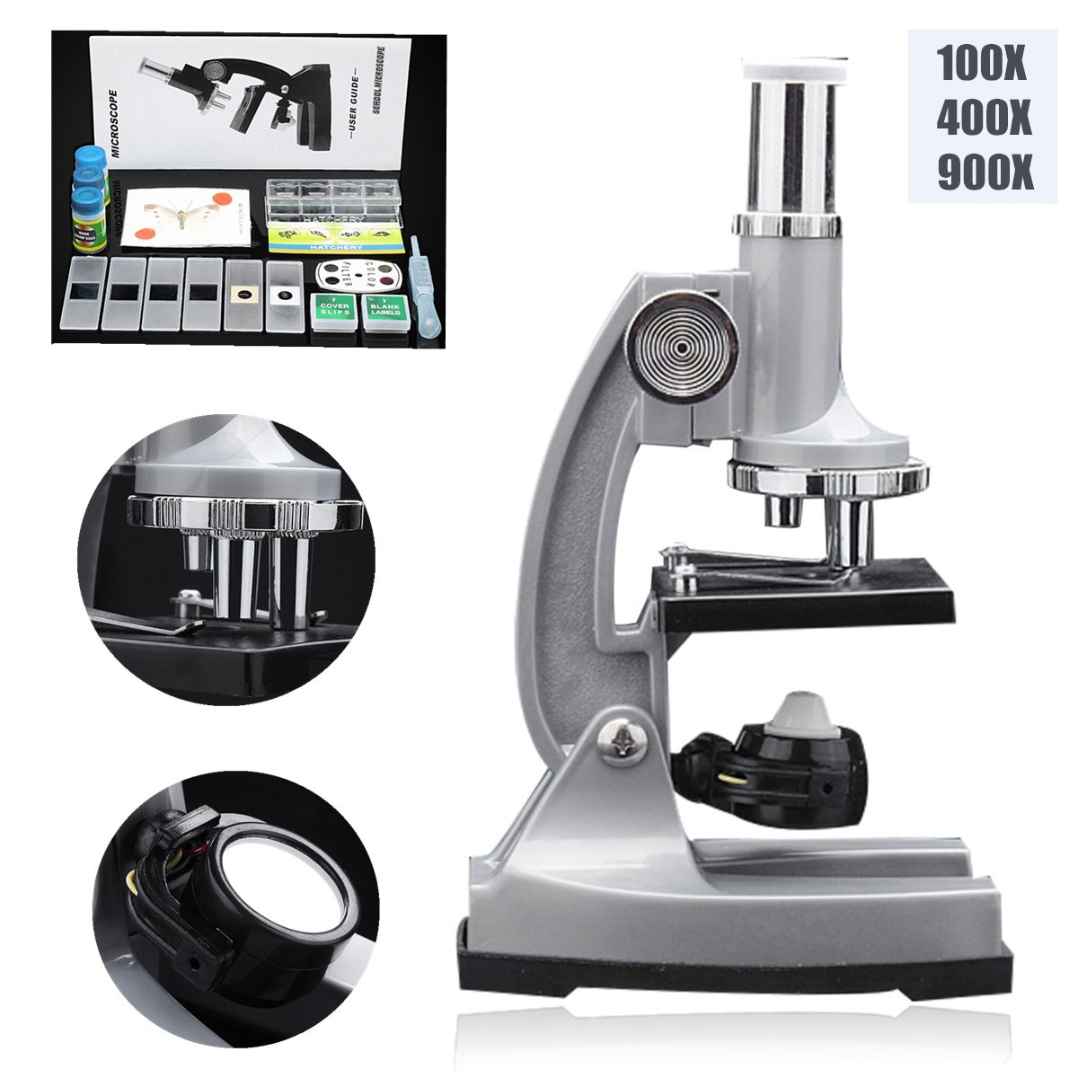 LED Portable Microscope Kit 100x 400x 900x Magnification Educational for Lab Home School Educational Toy Kids Child