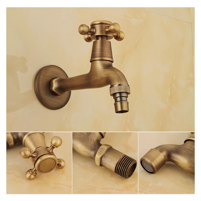 Wall Mounted Antique Brass Bathroom Washing Machine Faucet Mop Pool Tap Cold Water Bibcock Tap Decorative Outdoor Garden Faucet