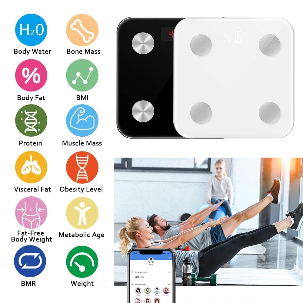 Bluetooth Scale Floor Bathroom Scale Smart Backlit Display Scale Balance Body Weight Fat Water Muscle Mass Composition Analyzer