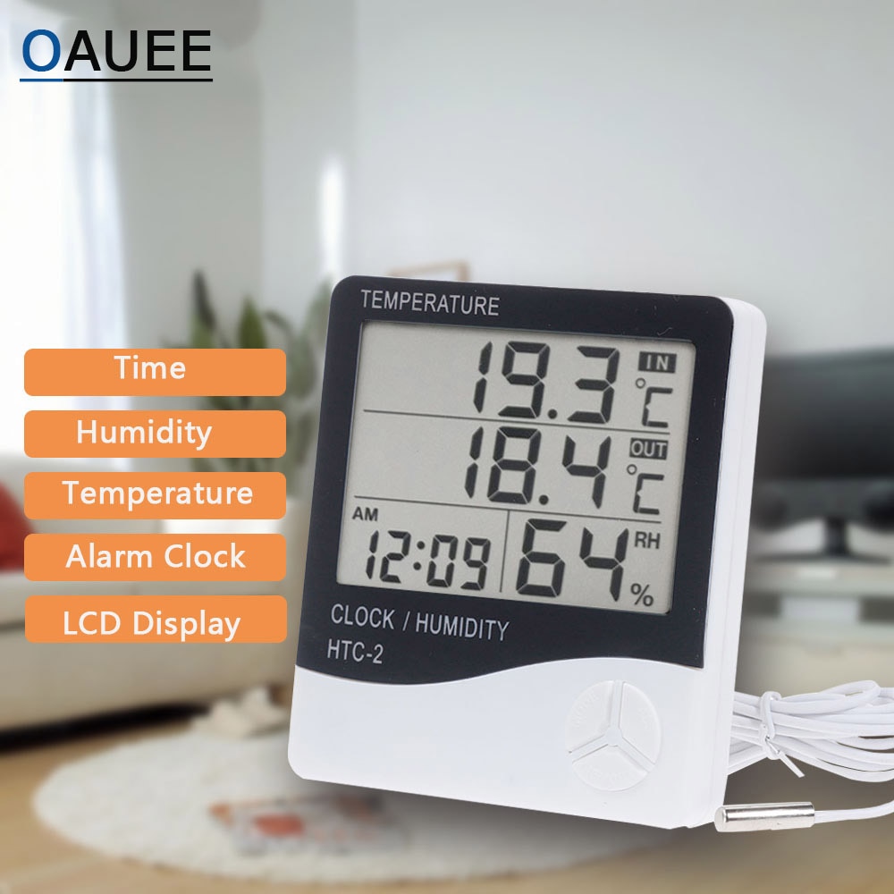 Digitale Lcd Temperatuur Vochtigheid Meter Thuis Indoor Outdoor Elektronische Thermometer Hygrometer Weerstation Met Wekker