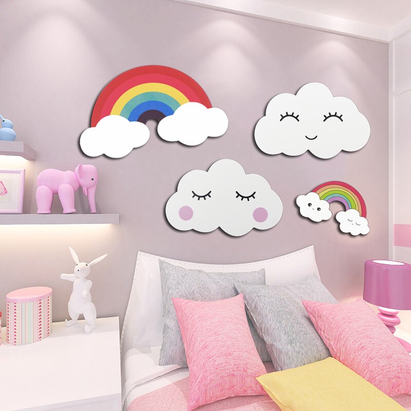Beautiful 3D DIY Rainbow Clouds Wall Poster Stickers Bedroom In Wall Sticker Kids Room Home Decor Wood Plate Wooden Wall Decor