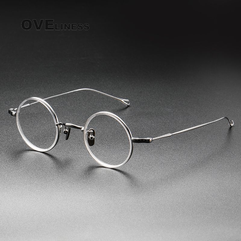 Montura de gafas de titanio puro para hombre, monturas de gafas graduadas ópticas redondas Vintage para miopía, gafas Retro Titan para mujer 2025: Plata